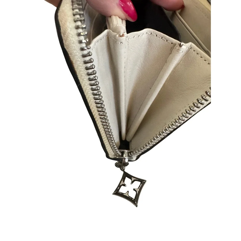 Brighton Leather Zip Around Wallet Cream Black Geometric Whipstitch Scroll